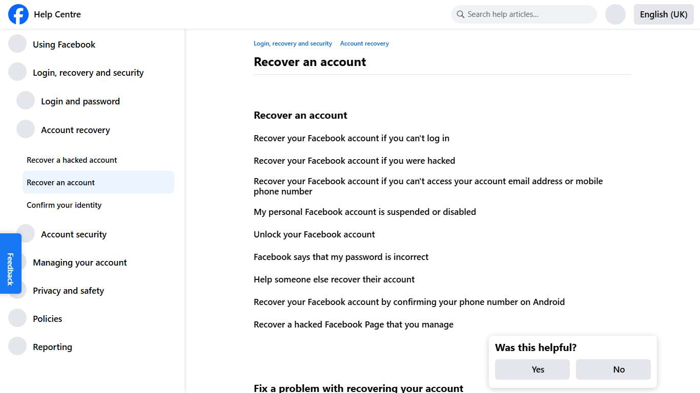 Recover an account Facebook Help Centre